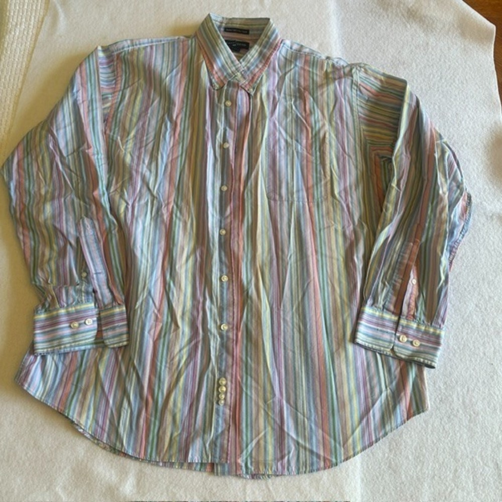 Lands End Mens Super Fine 2 Ply Multicolor Stripe Dress Shirt 17.5 34 35 VTG